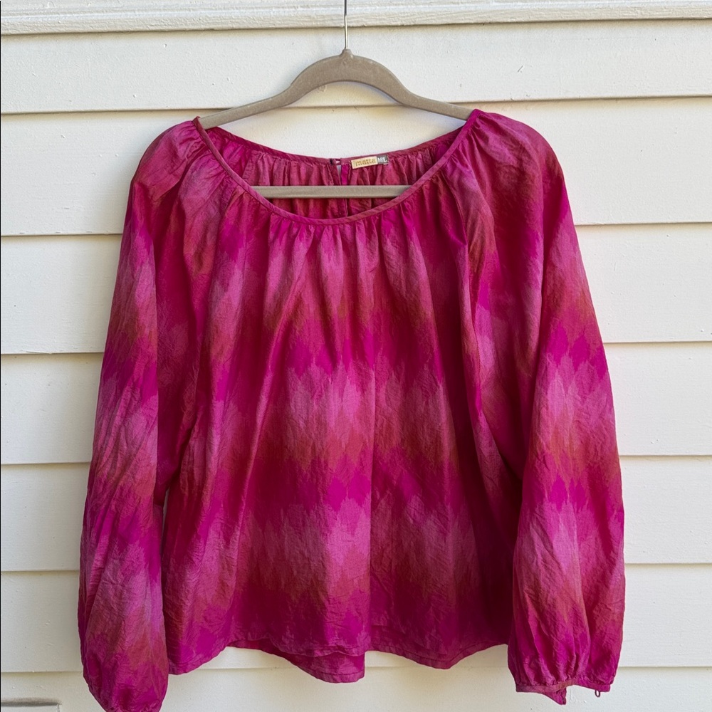 Matta NY Cotton Silk Boho Top Gathered Neck Pink Diamond Print M/L